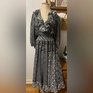 Diane Freis Vintage 80s Georgette Boho Dress Smocked Waist Balloon Sleeves